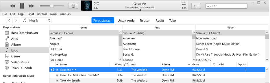 Jendela utama iTunes: Browser kolom berada di sisi kanan bar samping dan di atas daftar lagu.
