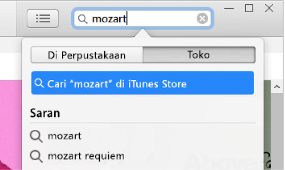 Bidang pencarian dengan entri yang diketik “Mozart.” Di menu pop-up hasil pencarian, Toko dipilih.