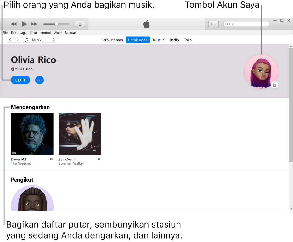 Halaman profil di Apple Music: Di pojok kiri atas di bawah nama Anda, klik Edit untuk memilih orang yang Anda bagikan musik bersama. Di pojok kanan atas, terdapat tombol Akun Saya. Di bawah heading Mendengarkan terdapat semua album yang sedang didengarkan, dan Anda dapat mengeklik tombol Lainnya untuk menyembunyikan stasiun yang sedang didengarkan, membagikan daftar putar, dan lainnya.