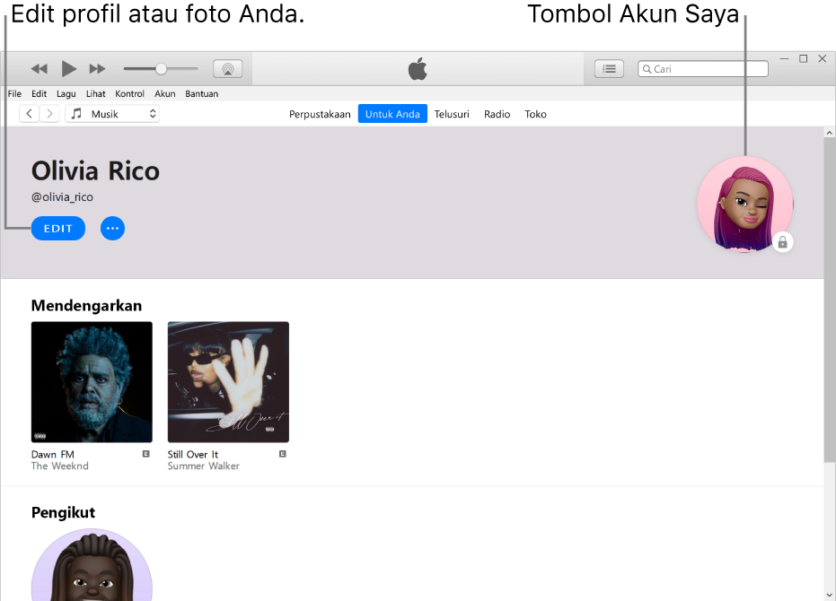 Halaman profil di Apple Music: Di pojok kiri atas di bawah nama Anda, klik Edit untuk mengedit profil atau foto. Di pojok kanan atas, terdapat tombol Akun Saya.