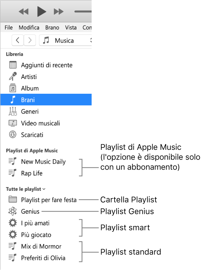 La barra laterale di iTunes che mostra diversi tipi di playlist: Apple Music (solo per abbonati), Genius, smart e standard, più una cartella di playlist.