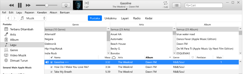 Tetingkap utama iTunes: Pelayar lajur di sebelah kanan bar sisi dan di atas senarai lagu.
