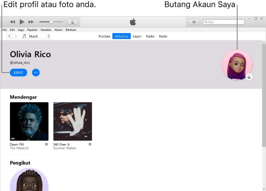 Halaman profil dalam Apple Music: Di penjuru kiri atas di bawah nama anda, klik Edit untuk mengedit profil anda atau foto anda. Di penjuru kanan atas ialah butang Akaun Saya.