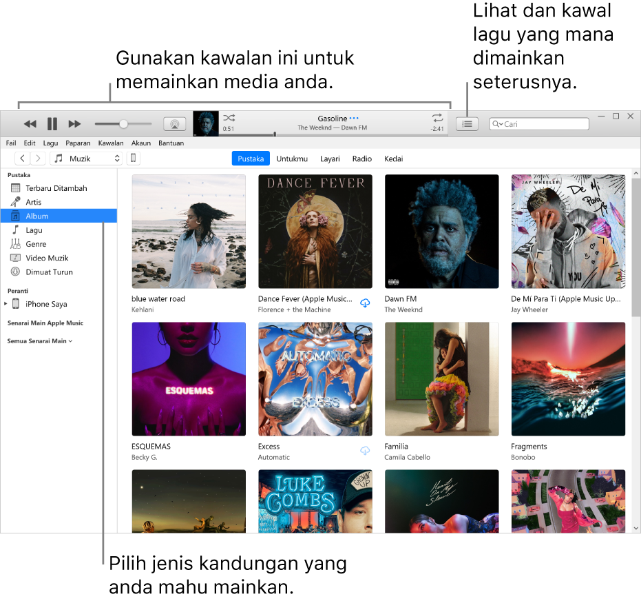 Tetingkap utama Pustaka iTunes: Dalam penavigasi, pilih jenis media untuk dimainkan (seperti Muzik). Gunakan kawalan dalam sepanduk di bahagian atas untuk memainkan media anda dan gunakan menu timbul Seterusnya di sebelah kanan untuk melihat pustaka anda dengan cara berlainan.