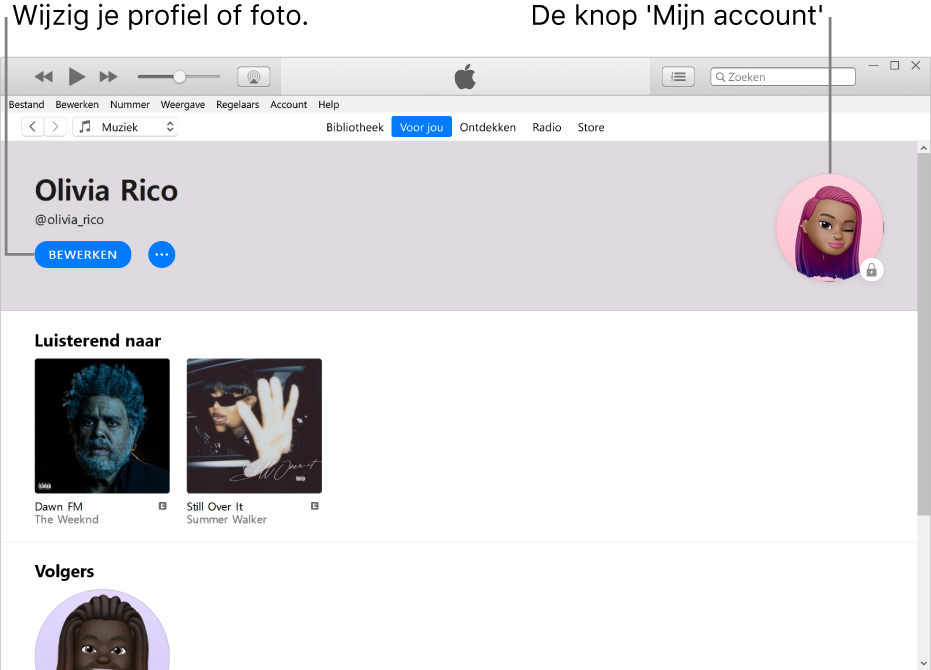 De profielpagina in Apple Music: Klik linksbovenin onder je naam op de knop 'Bewerken' om je profiel of foto te wijzigen. Rechtsbovenin vind je de accountknop.