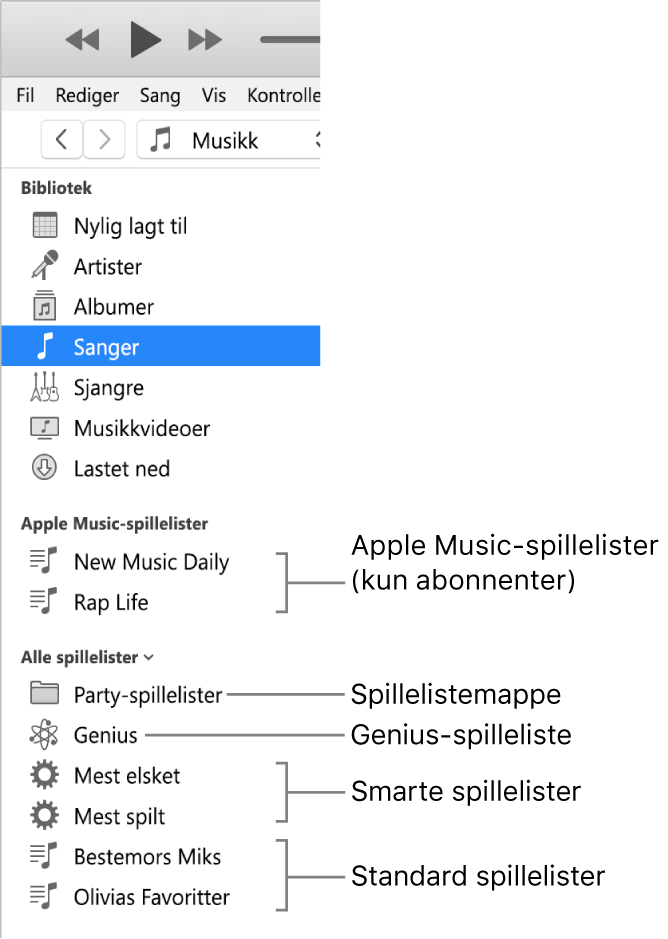 iTunes-sidepanelet som viser de forskjellige typene spillelister: Apple Music (kun abonnenter), Genius-spillelister, Smarte spillelister og standardspillelister mapper, pluss en spillelistemappe.