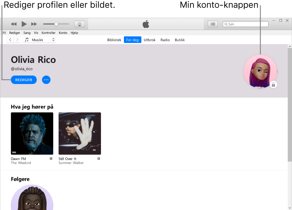 Profilsiden i Apple Music: Oppe i venstre hjørne under navnet ditt klikker du på Rediger for å redigere profilen din eller bildet ditt. Øverst til høyre finnes Min konto-knappen.