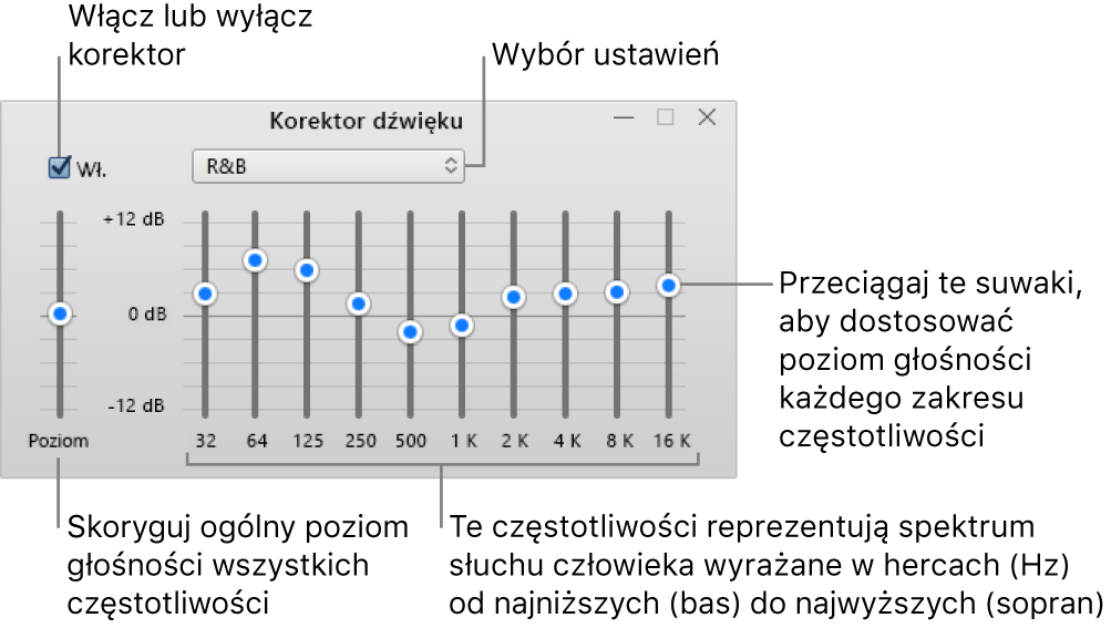 Okno korektora dźwięku: Pole wyboru pozwalające włączyć korektor dźwięku w iTunes znajduje się w lewym górnym rogu okna. Obok niego znajduje się menu podręczne ze zdefiniowanymi ustawieniami. Po lewej stronie okna można korygować całkowitą głośność zakresów częstotliwości za pomocą przedwzmacniacza. Pod ustawieniami korektora dźwięku można korygować poziom dźwięku różnych zakresów częstotliwości reprezentujących spektrum ludzkiego słuchu od najniższego do najwyższego.