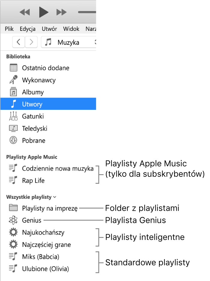 Pasek boczny iTunes z playlistami różnego typu: Playlisty Apple Music (tylko dla subskrybentów), Genius, inteligentne oraz standardowe, a także foldery z playlistami.