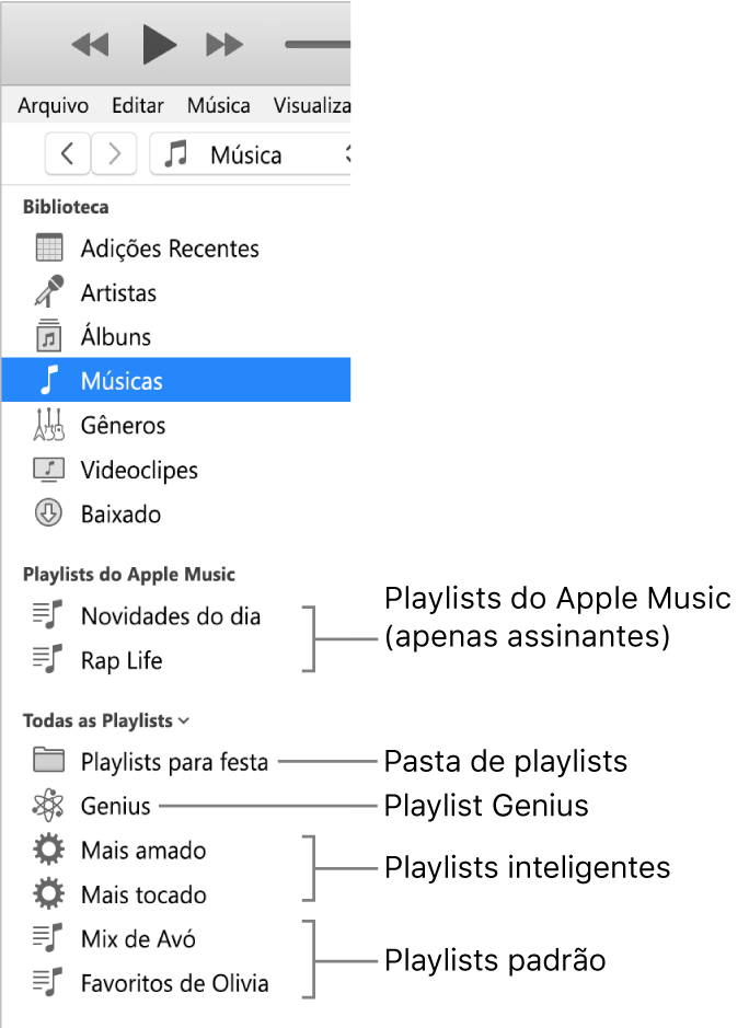 A barra lateral do iTunes mostrando os vários tipos de playlists: Apple Music (somente assinantes), playlists Genius, Inteligentes e padrão, mais uma pasta de playlists.