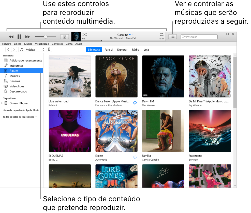 A janela principal da biblioteca do iTunes: no navegador, pode escolher o tipo de conteúdo a reproduzir (como música). Use os controlos na faixa, na parte superior, para reproduzir o conteúdo multimédia e use o menu pop-up à direita para ver a biblioteca de diferentes formas.