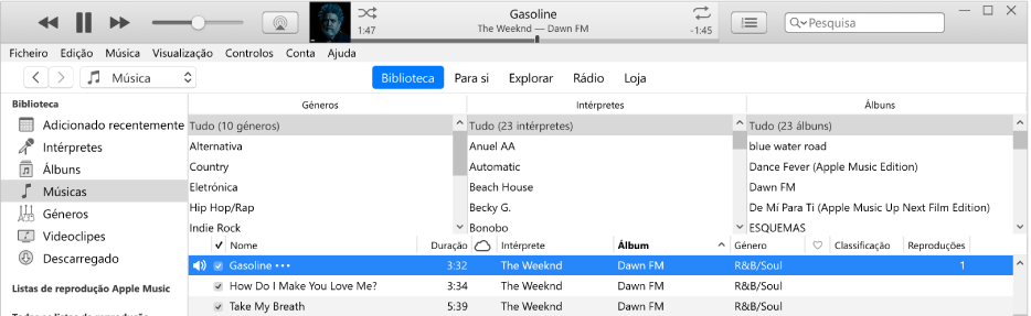 A janela principal do iTunes: o navegador de colunas aparece à direita da barra lateral, por cima da lista de músicas.