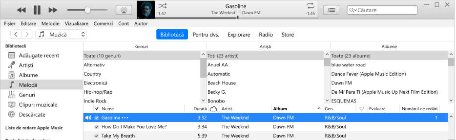 Fereastra principală iTunes: Browserul de coloane se află în partea dreaptă a barei laterale și deasupra listei de melodii.