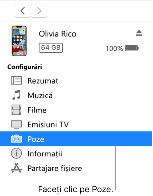 Fereastra Dispozitiv, cu secțiunea Poze selectată în bara laterală din stânga.