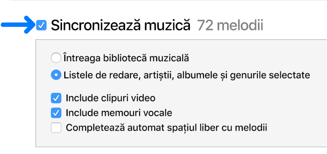 Configurarea Sincronizați muzică lângă partea din stânga sus este selectată cu opțiuni de a vă sincroniza toată biblioteca sau doar articolele selectate.