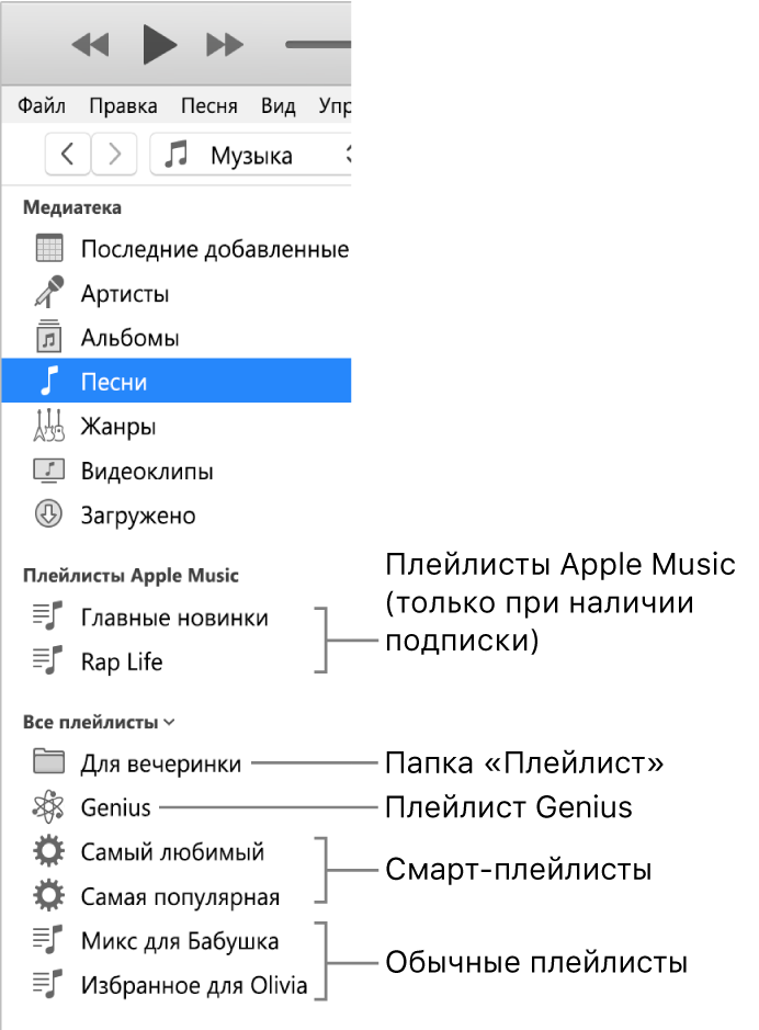 Боковое меню iTunes с различными типами плейлистов: Apple Music (только для подписчиков), Genius, смарт-плейлисты и стандартные плейлисты, а также папка плейлистов.