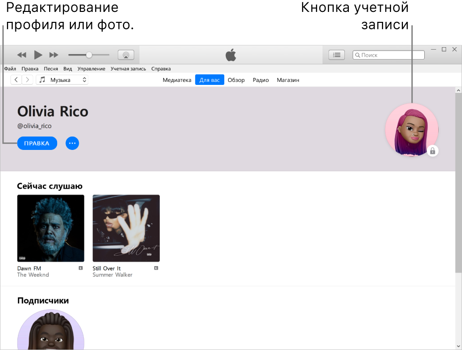 Страница профиля в Apple Music. В левом верхнем углу под своим именем нажмите «Изменить», чтобы изменить свой профиль или фото. В правом верхнем углу находится кнопка учетной записи.