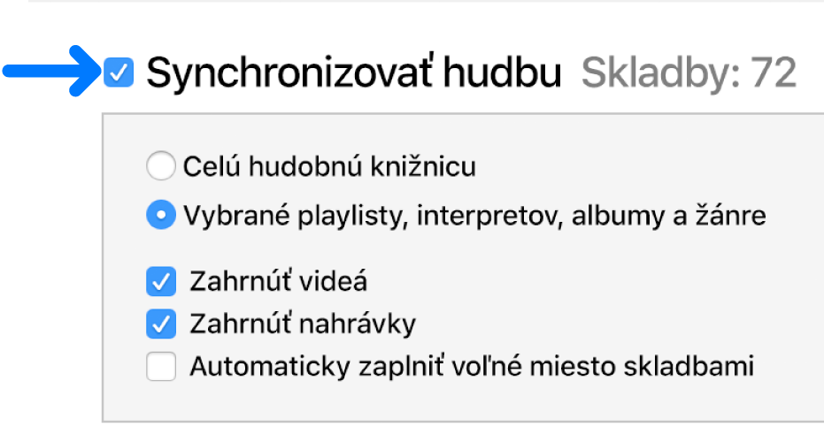 Vľavo hore je označená položka Synchronizovať hudbu s možnosťami synchronizácie celej knižnice alebo len vybraných položiek.