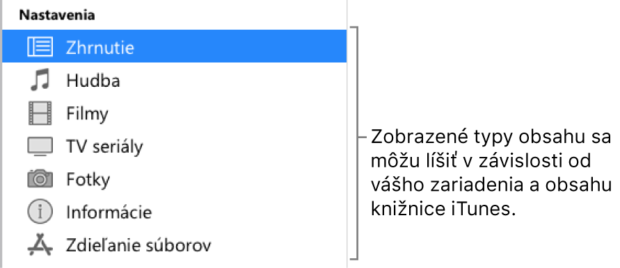 Položka Zhrnutie označená v bočnom paneli naľavo. Typ zobrazovaného obsahu sa môže líšiť v závislosti od vášho zariadenia a obsahu iTunes knižnice.