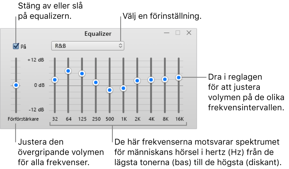Equalizer-fönstret: I övre vänstra hörnet finns kryssrutan för att slå på iTunes-equalizern. Bredvid den finns popupmenyn med förinställningarna för equalizern. Längst till vänster kan den allmänna volymen för alla frekvenser justeras med förförstärkaren. Under förinställningarna för equalizern går det att justera volymen för olika frekvensintervall som representerar spektrumet för människans hörsel från lägsta till högsta.