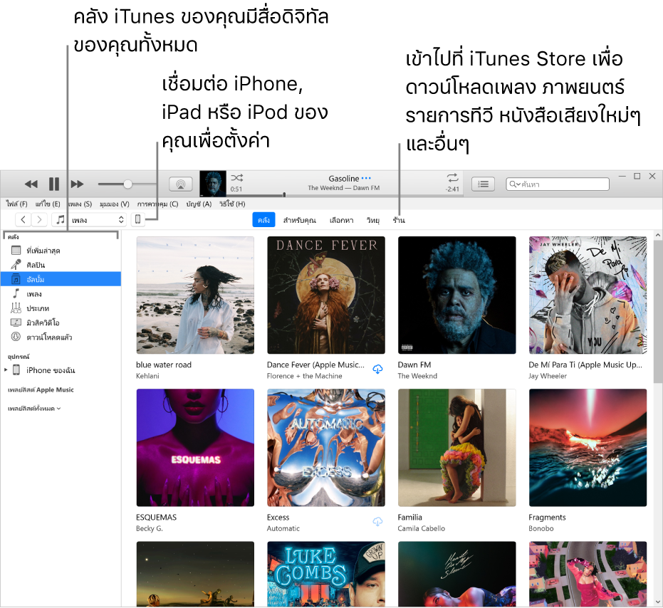มุมมองของหน้าต่าง iTunes: หน้าต่าง iTunes มีสองบาน ที่ด้านซ้ายคือแถบด้านข้างของคลัง ซึ่งมีสื่อดิจิทัลทั้งหมดของคุณอยู่ ที่ด้านขวา ในพื้นที่เนื้อหาที่กว้างกว่า คุณสามารถดูส่วนที่เลือกที่คุณสนใจได้ ตัวอย่างเช่น ไปที่คลังหรือหน้า สำหรับคุณ เลือกหาเพลงและวิดีโอใหม่ๆใน iTunes หรือไปที่ iTunes Store เพื่อดาวน์โหลดเพลง ภาพยนตร์ รายการทีวี หนังสือเสียงใหม่ๆ และอีกมากมาย ที่ด้านขวาบนของแถบด้านข้างของคลังคือปุ่มอุปกรณ์ ที่แสดงว่า iPhone, iPad หรือ iPod เชื่อมต่อกับ PC ของคุณแล้ว