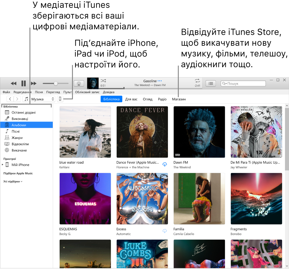 Вигляд вікна iTunes. Вікно iTunes містить дві панелі. Ліворуч — бічна панель «Медіатека», яка містить увесь ваш медіавміст. Праворуч, в області вмісту, можна переглядати елементи, які вас цікавлять. Наприклад, відкривайте медіатеку або сторінку «Для вас», переглядайте нову музику та відео iTunes або перейдіть у магазин iTunes Store, щоб викачати нову музику, фільми, телешоу, аудіокниги тощо. У верхній правій частині бічної панелі «Медіатека» розташовано кнопку «Пристрій», яка вказує, що до вашого ПК під’єднано iPhone, iPad або iPod.