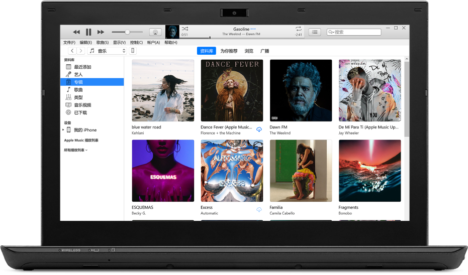 iTunes 窗口中显示包含多张专辑的资料库。