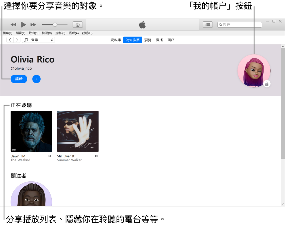 Apple Music 中的個人檔案頁面：在左上角你的名稱下方，按一下「編輯」來選擇你要分享音樂的對象。在右上角是「我的帳户」按鈕。「正在收聽」標題下方是你在聆聽的所有專輯，你可以按一下「更多」按鈕來隱藏你在聆聽的電台、分享播放列表等等。