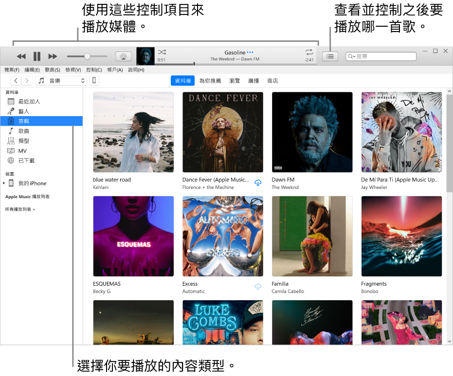 iTunes 資料庫主視窗：在導覽器中，選擇要播放的媒體類型（例如「音樂」）。使用最上方橫幅中的控制項目來播放媒體，以及使用右側的「待播清單」彈出式選單來以不同方式檢視你的資料庫。