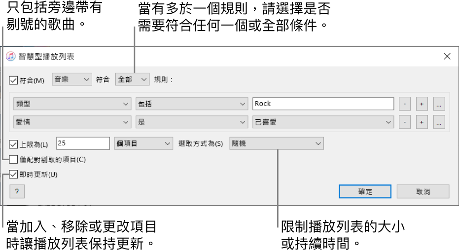 「智慧型播放列表」視窗：在左上角，選擇「符合」，然後指定播放列表條件（例如類型或喜愛）。繼續加入或移除規則；當有多於一個規則時，請選擇是否必須符合任何一個或所有條件。在視窗下半部選擇各種選項，例如限制播放列表的大小或持續時間、僅包含剔選的歌曲，或讓 iTunes 在資料庫中的項目有所更動時即更新播放列表。