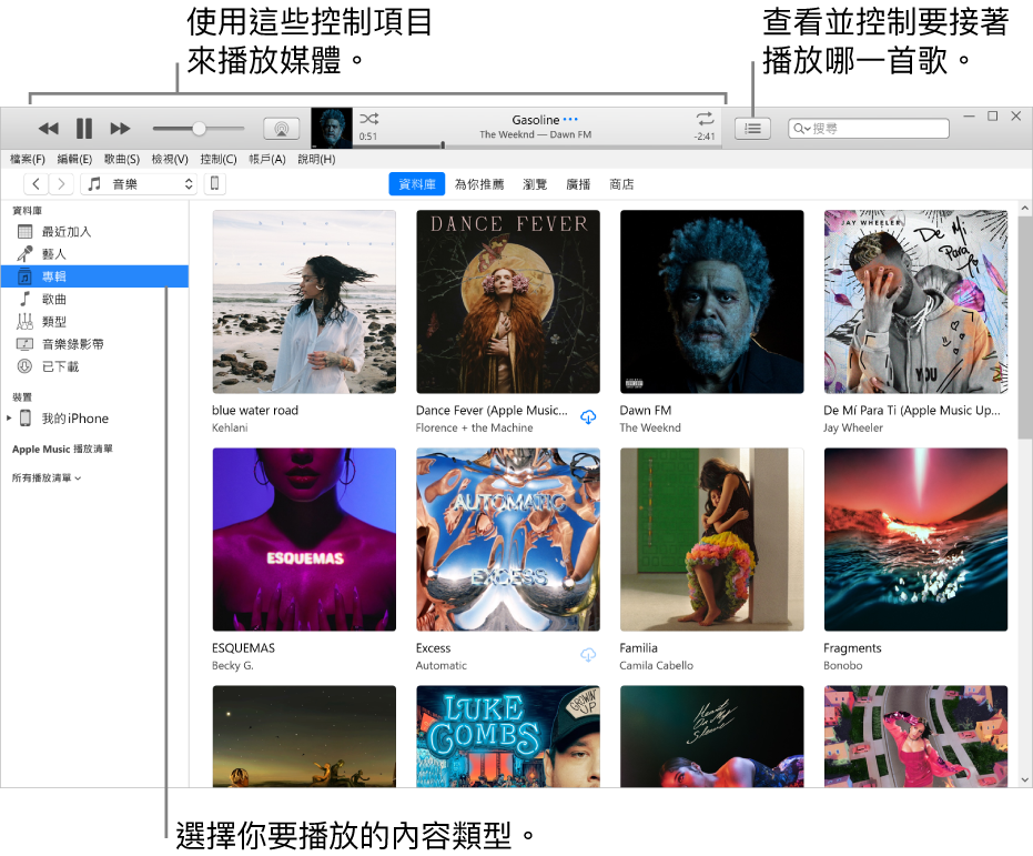iTunes 資料庫主視窗：在導覽器中，選擇要播放的媒體類型（例如「音樂」）。使用最上方橫幅中的控制項目來播放媒體，以及使用右側的「待播清單」快顯功能表來以不同方式檢視你的資料庫。