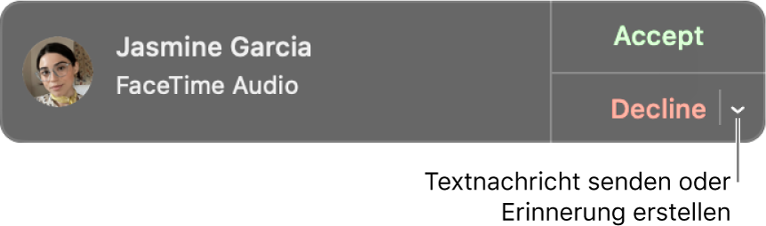 Klicke in der Mitteilung auf den Pfeil neben „Ablehnen“, um eine Textnachricht zu senden oder eine Erinnerung zu erstellen.