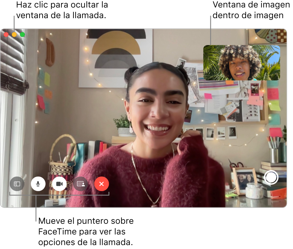 Mueve el puntero sobre la ventana de FaceTime para ver Barra lateral, Silenciar, Desactivar video, Compartir pantalla, Finalizar, y Live Photo. Haz clic en el botón central en la esquina superior izquierda para ocultar la ventana de la llamada. La ventana de PIP aparece en la esquina superior derecha.