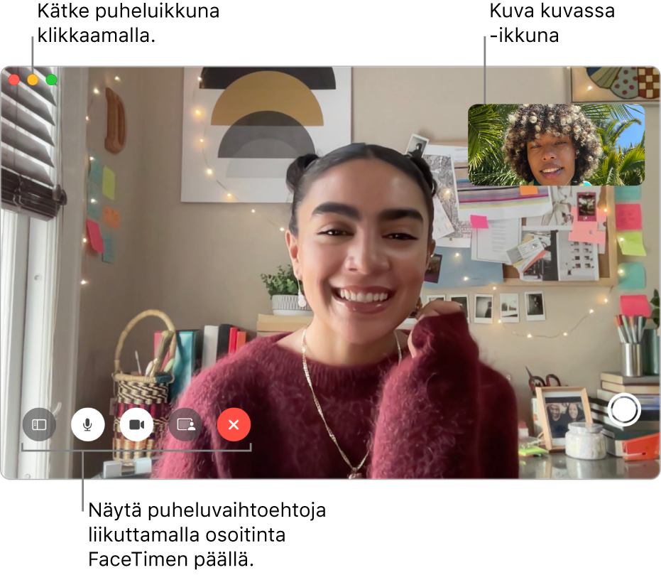 Siirrä osoitin FaceTime-ikkunan päälle nähdäksesi Sivupalkki-, Mykistä-, Mykistä video-, Näytönjako-, Lopeta puhelu- ja Live Photo ‑painikkeet. Kätke puheluikkuna klikkaamalla keskimmäistä painiketta puheluikkunan vasemmassa yläkulmassa. Kuva kuvassa -ikkuna ilmestyy oikeaan yläkulmaan.