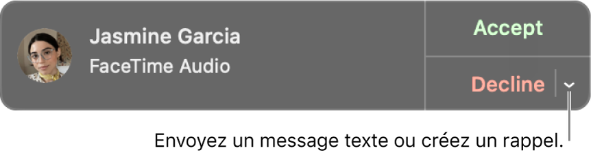Cliquez sur la flèche en regard de Refuser dans la notification pour envoyer un message texte ou créer un rappel.
