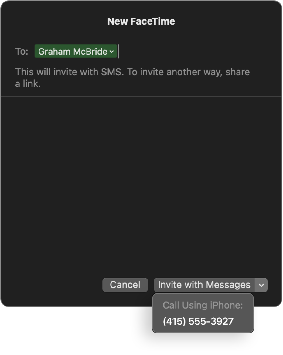 Tetingkap FaceTime Baharu dengan nama orang dalam medan Kepada. Tetingkap timbul di bahagian bawah menyatakan untuk menjemput dengan Mesej (menghantar SMS) atau memanggil menggunakan iPhone.