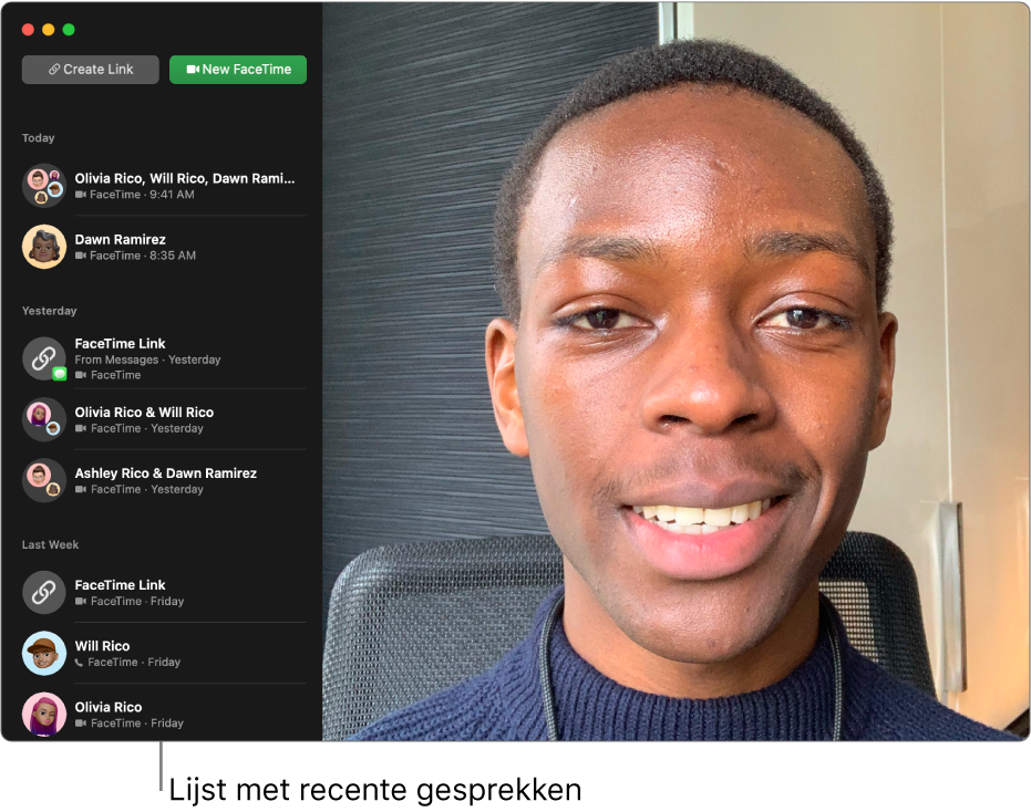 Een FaceTime-venster met aan de linkerkant de lijst met recente bellers.