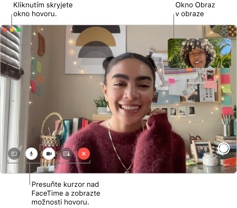 Presunutím kurzora nad okno FaceTime zobrazíte tlačidlá Postranný panel, Stíšiť, Stíšiť video, Zdieľať obrazovku, Ukončiť hovor a Live Photo. Kliknutím na prostredné tlačidlo v ľavom hornom rohu skryjete okno hovoru. Okno režimu obrazu v obraze sa zobrazuje v pravom hornom rohu.