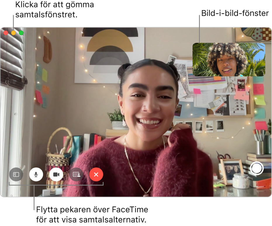 För pekaren över FaceTime-fönstret så visas knapparna Sidofält, Ljud av, Stäng av videoljud, Dela skärm, Avsluta samtal och Live Photo. Klicka på mittknappen i det övre vänstra hörnet för att gömma samtalsfönstret. Bild-i-bild-fönstret visas i det övre högra hörnet.
