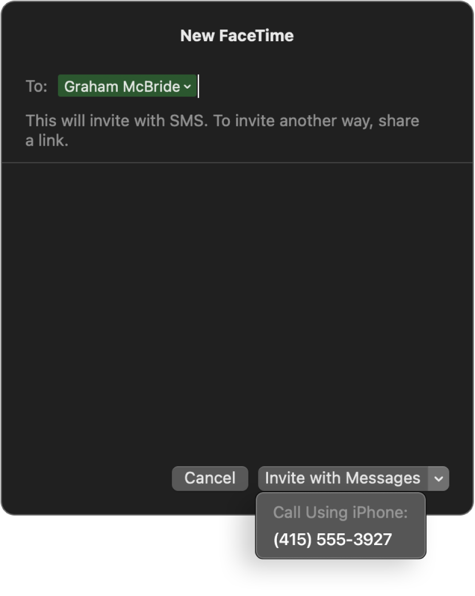 Cửa sổ FaceTime mới với tên của một người trong trường Đến. Cửa sổ bật lên ở dưới cùng cho biết mời bằng Tin nhắn (gửi SMS) hoặc gọi bằng iPhone.