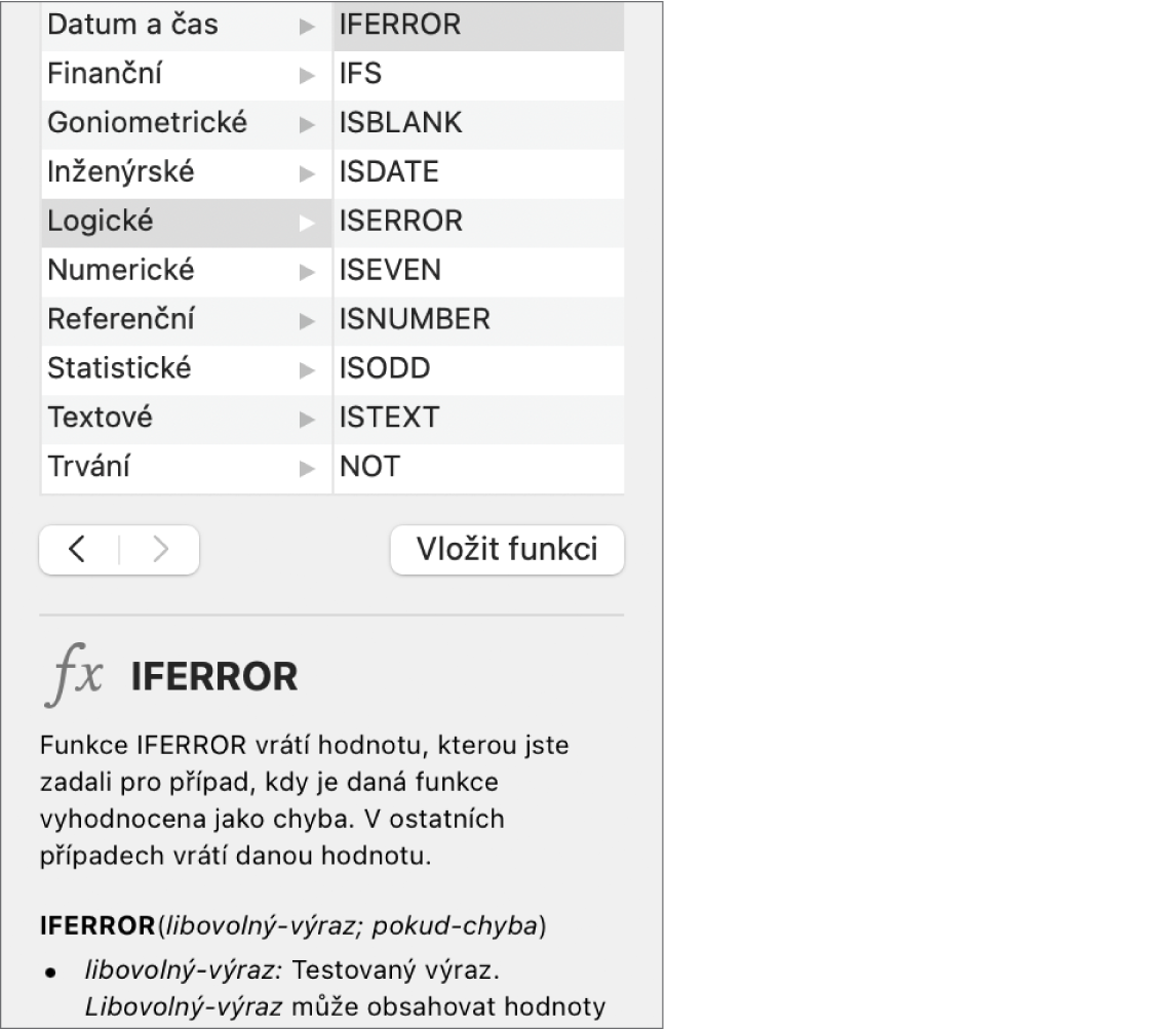 Prohlížeč funkcí s informacemi pro funkci IFERROR.