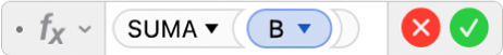 El editor de fórmulas muestra la fórmula =SUMA(B).