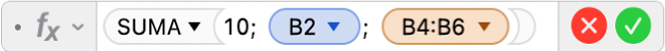 El editor de fórmulas muestra la fórmula =SUMA(10, B2, B4:B6).