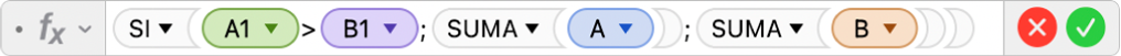El editor de fórmulas muestra la fórmula =SI(A2>B2,SUMA(A),SUMA(B).