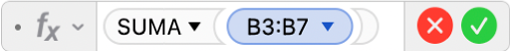 El editor de fórmulas muestra la fórmula =SUMA(B3:B7).