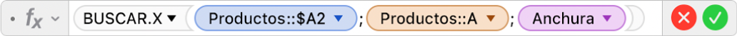 El editor de fórmulas muestra la fórmula =BUSCAR.X(Productos::$A2,Productos::A,Ancho).