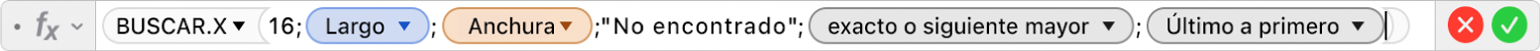 El editor de fórmulas muestra la fórmula =BUSCAR.X(16,Largo,Ancho,"No encontrado",1,-1).