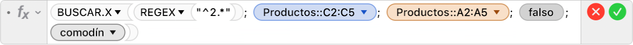 El editor de fórmulas muestra la fórmula =BUSCAR.X(REGEX("^2.*"), Productos::C2:C5, Productos::A2:A5, FALSO,2).