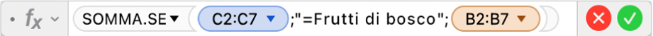 L'Editor di formule che mostra la formula =SOMMA.SE(C2:C7;"=Frutti di bosco";B2:B7).