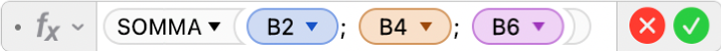 L'Editor di formule che mostra la formula =SOMMA(B2; B4; B6).